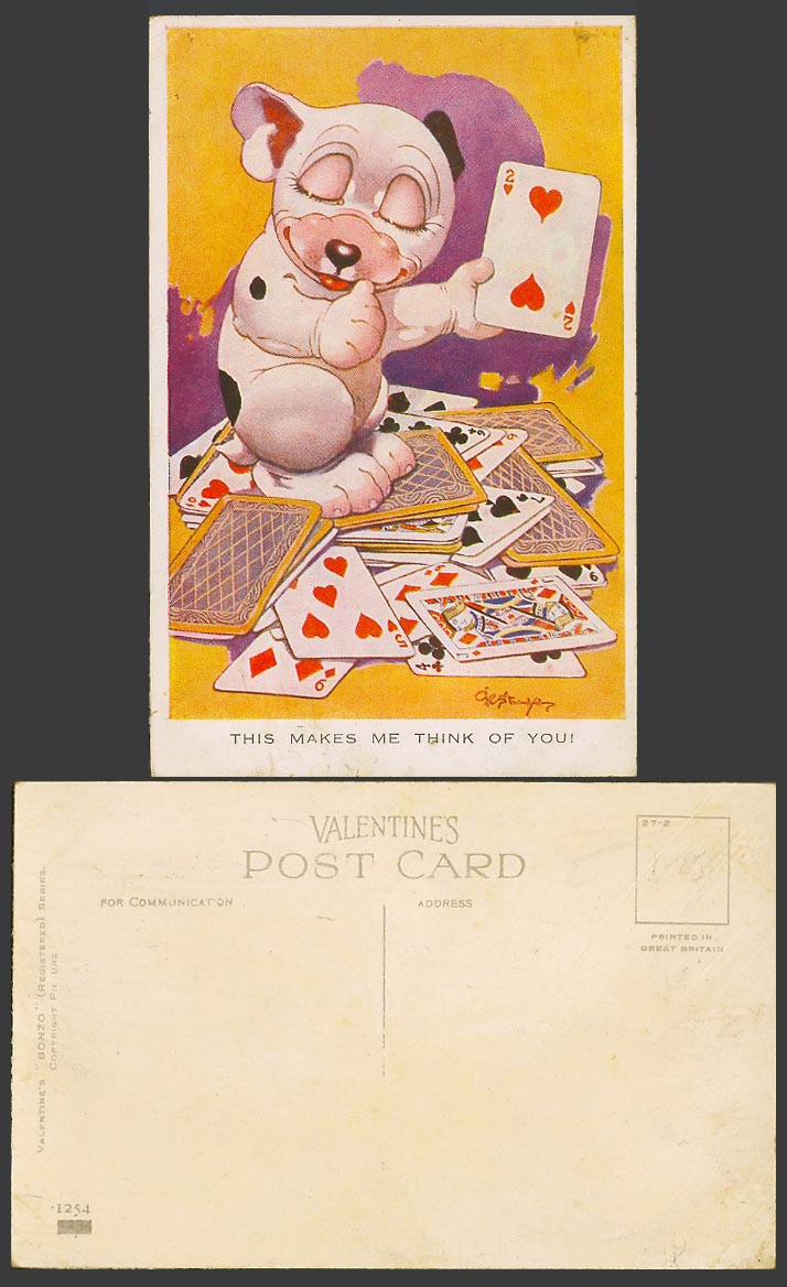 BONZO DOG GE Studdy Old Postcard Two Hearts Card, This Make Me Think of You 1254