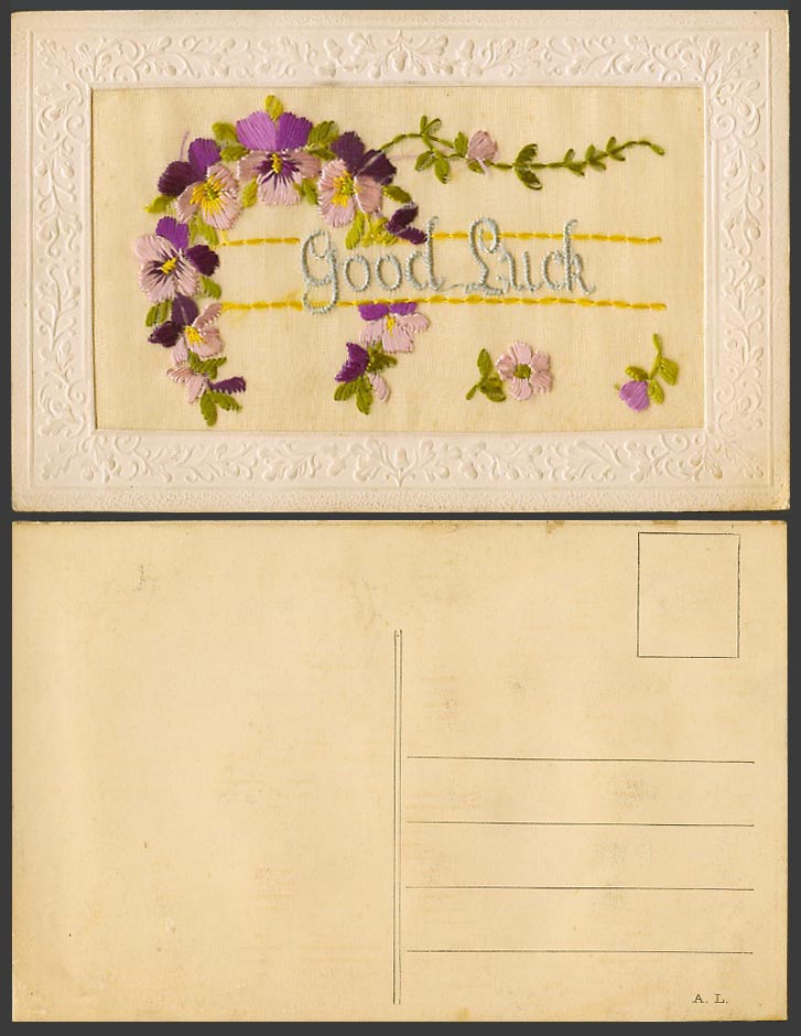 WW1 SILK Embroidered Old Postcard Good Luck, Horseshoe Shaped Flowers, Novelty
