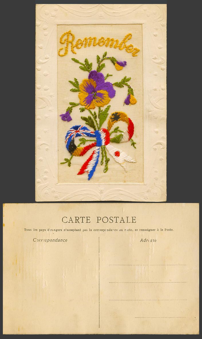 WW1 SILK Embroidered Old Postcard Remember Pansy Flowers Knot Novelty Greetings