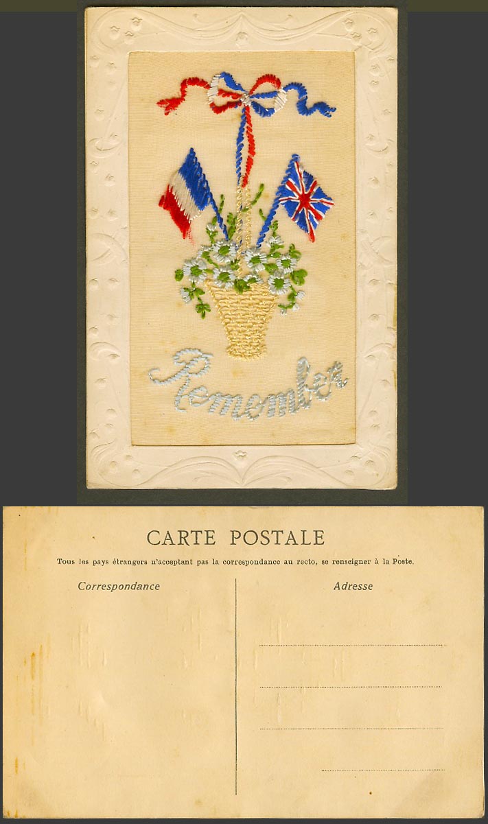 WW1 SILK Embroidered Old Postcard Remember Flower Basket Flags Novelty Greetings