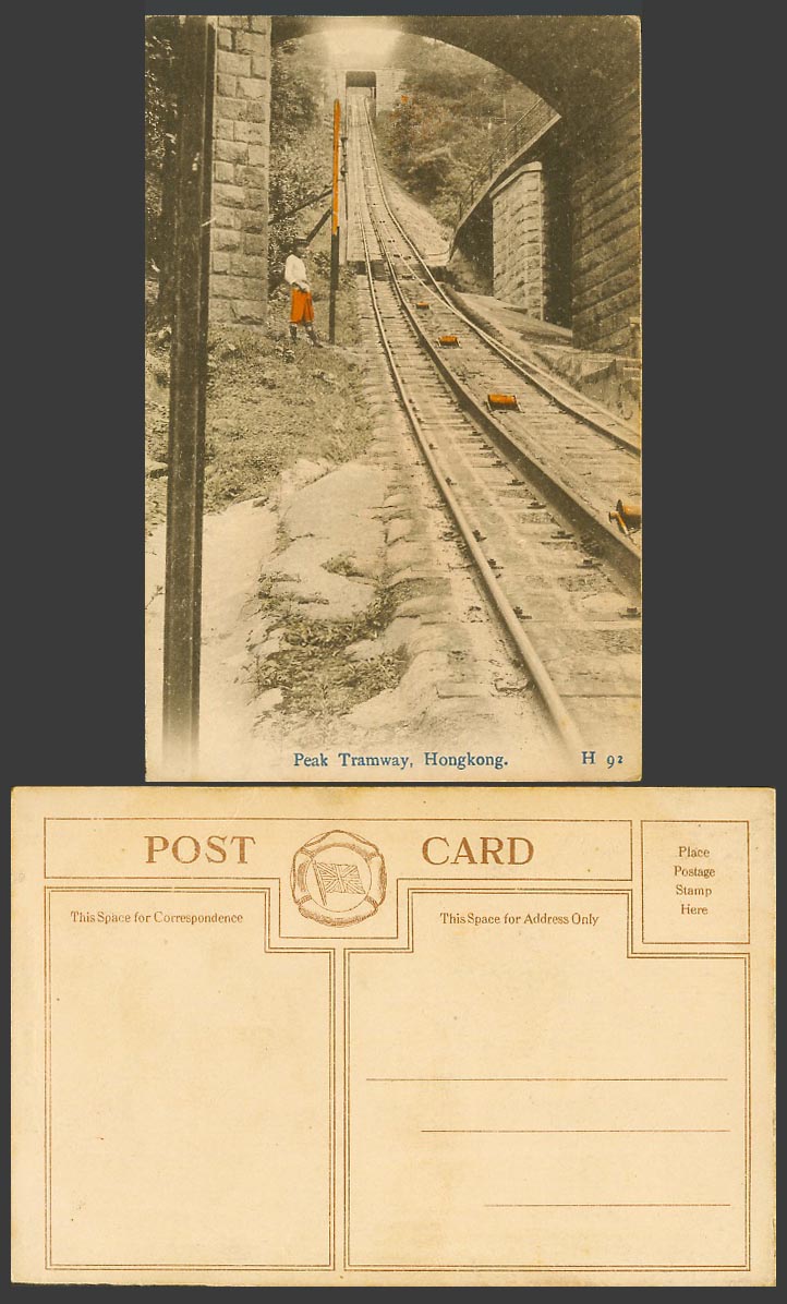 Hong Kong Old Hand Tinted Postcard Peak Tramway Bridges Man British Flag on back