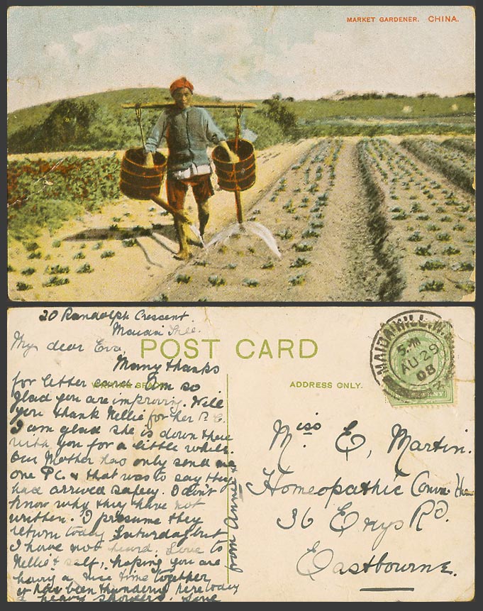 China KE7 1/2d 1908 Old Postcard Market Gardener, Chinese Farmer Watering Fields