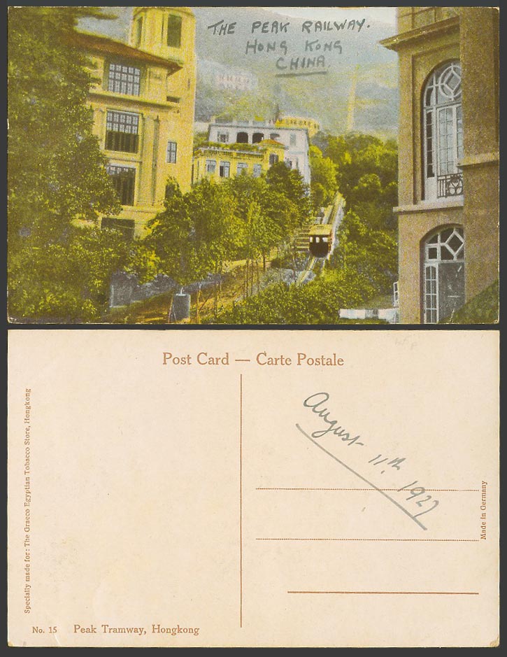Hong Kong China 1927 Old Colour Postcard Peak Tramway Railway TRAM Graeco Egy 15