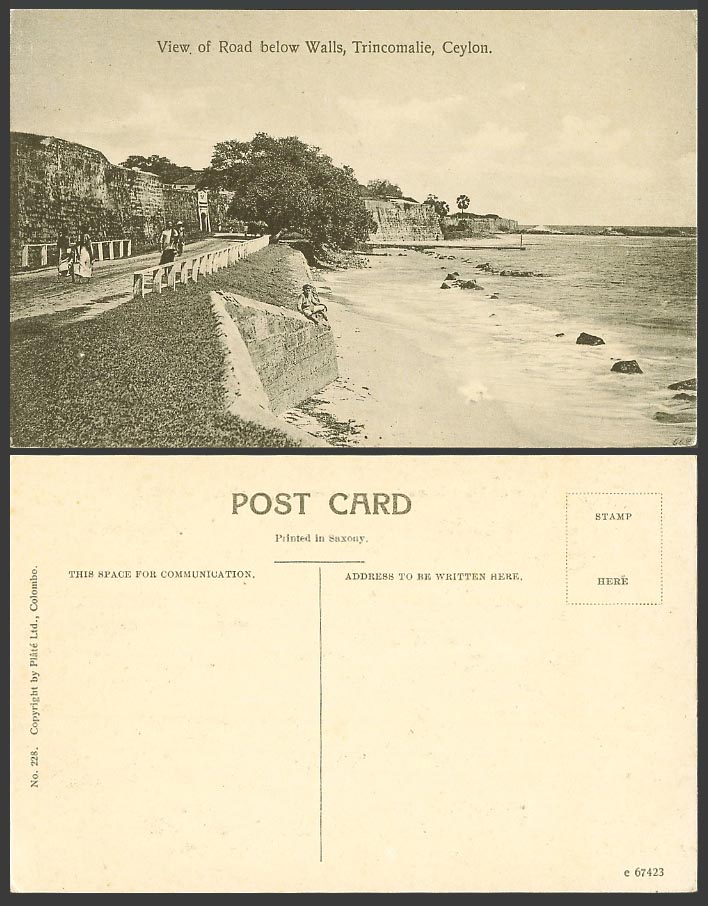 Ceylon Old Postcard View of Road below Walls Trincomalie, Street Scene Beach Sea