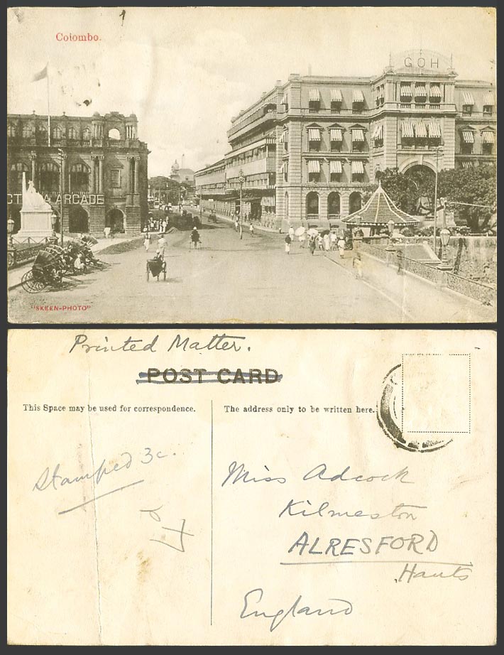 Ceylon 1905 Old Postcard G.O.H. Grand Oriental Hotel, Arcade Street Scene Statue