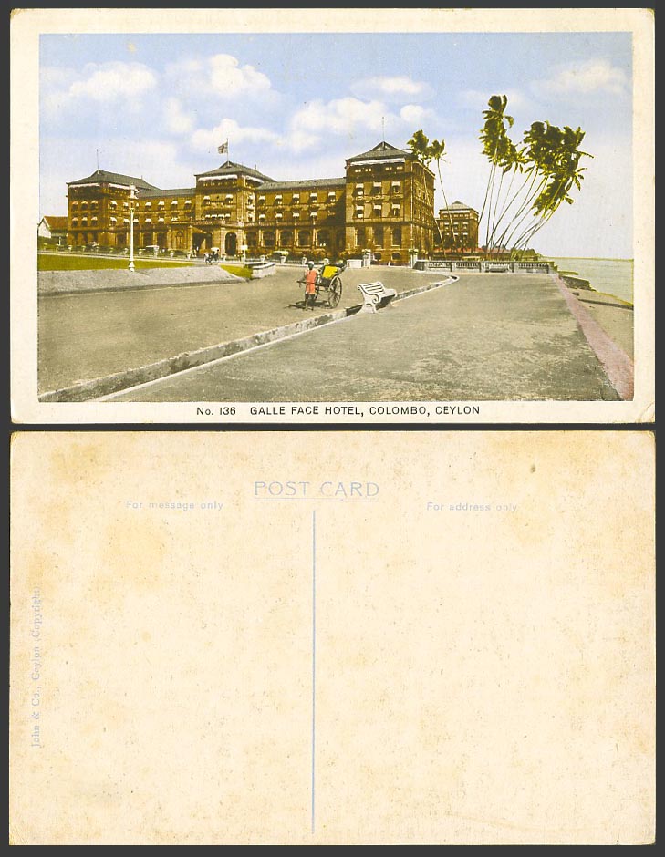 Ceylon Old Colour Postcard Galle Face Hotel Colombo Rickshaw & Coolie John & Co.