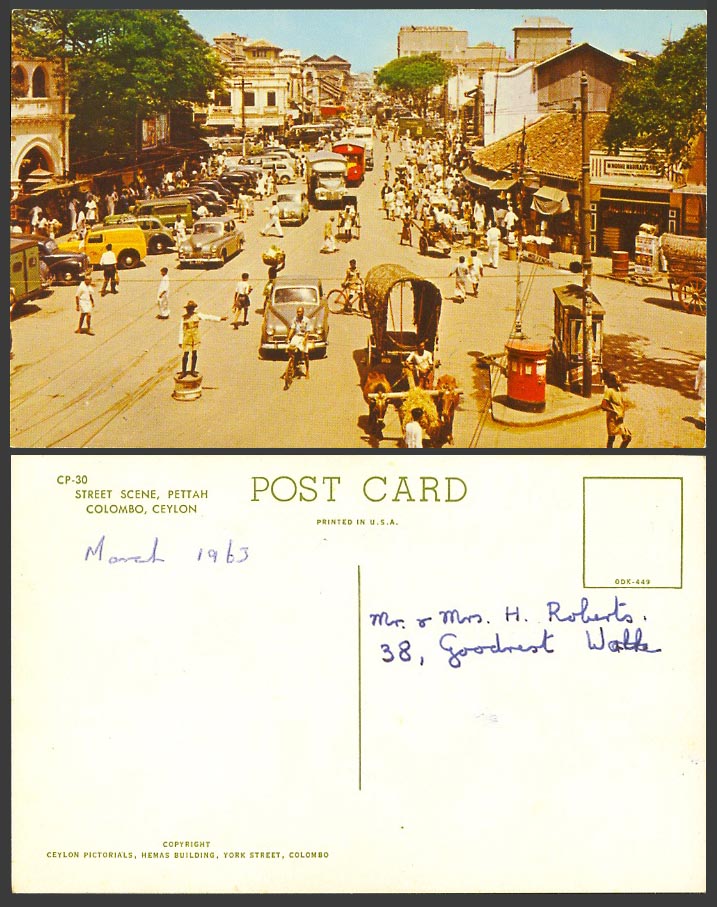 Ceylon 1963 Old Colour Postcard Pettah Street Scene, Colombo, Vintage Motor Cars