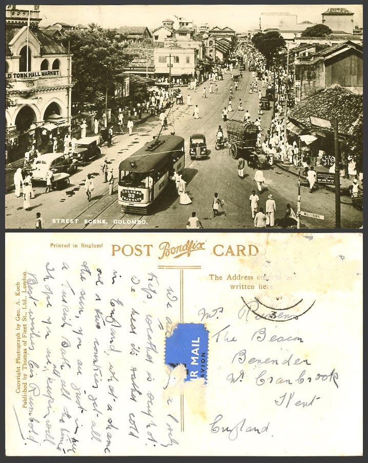Ceylon c.1950 Old Real Photo Postcard Pettah Street Scene Colombo TRAM 33 Market