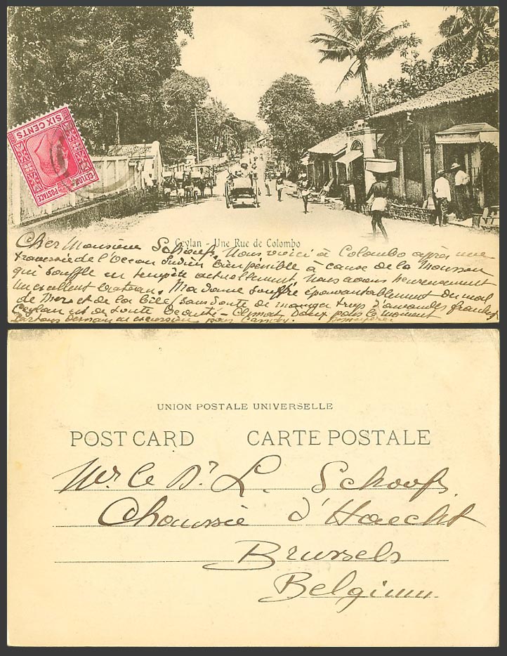Ceylon KE 6c 1905 Old UB Postcard Ceylan Une Rue de Colombo Street Scene Coolies