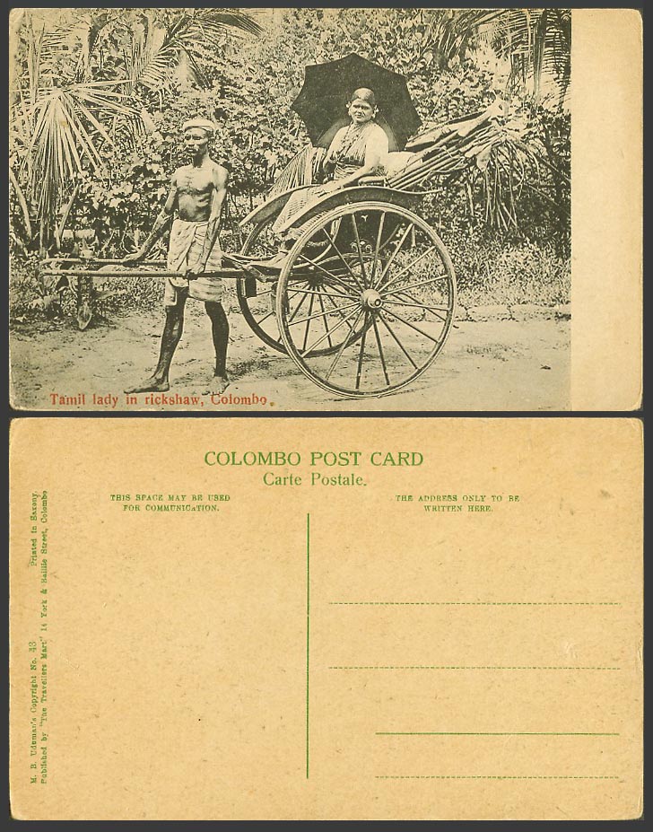 Ceylon Old Postcard Tamil Lady Woman in Rickshaw with Umbrella Colombo Coolie