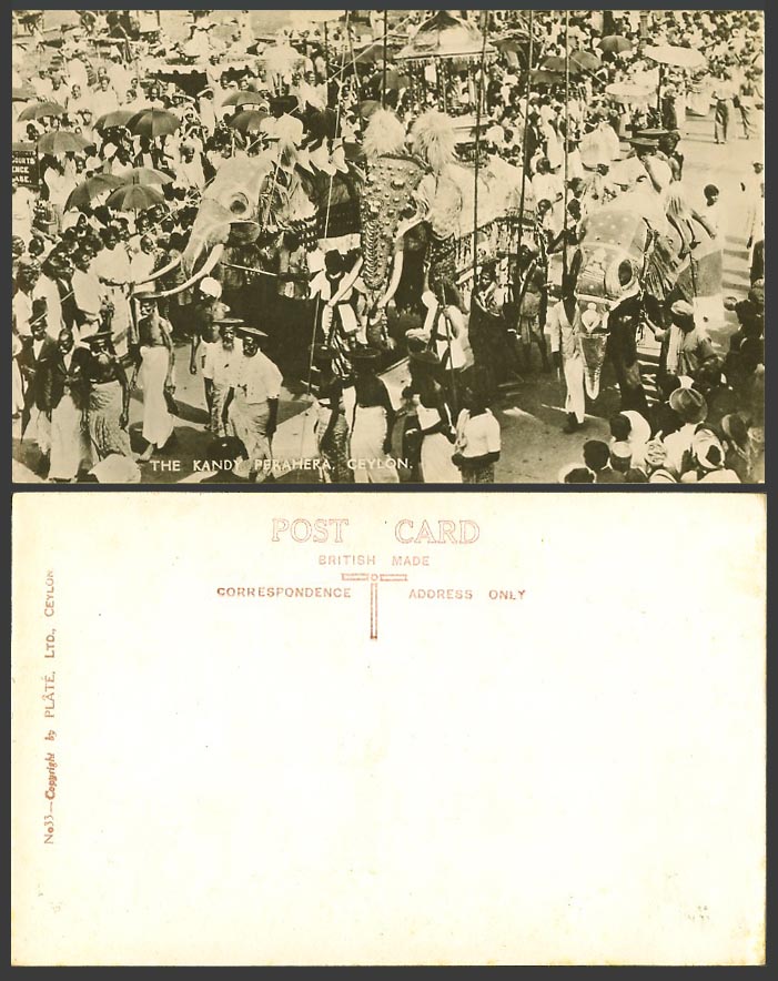 Ceylon Old Real Photo Postcard Kandy Perahera Buddhist Procession, Elephants, 33
