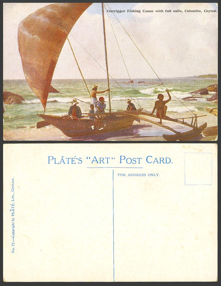 Ceylon Old Postcard Outrigger Fishing Canoe Boat w Full Sail Colombo Plate's ART