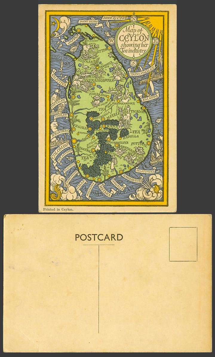 Ceylan Old Postcard Map of Ceylon Showing Her Tea Industry, Elephant Pass Mannar