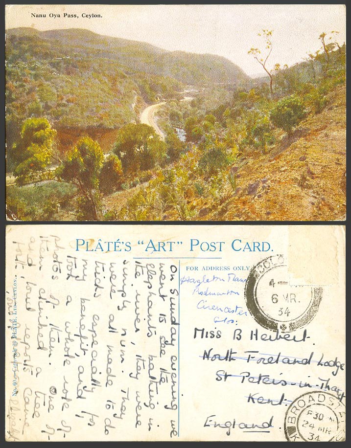 Ceylon 1934 Old Colour Postcard Nanu Oya Pass Mountains Panorama, Plate's ART 60