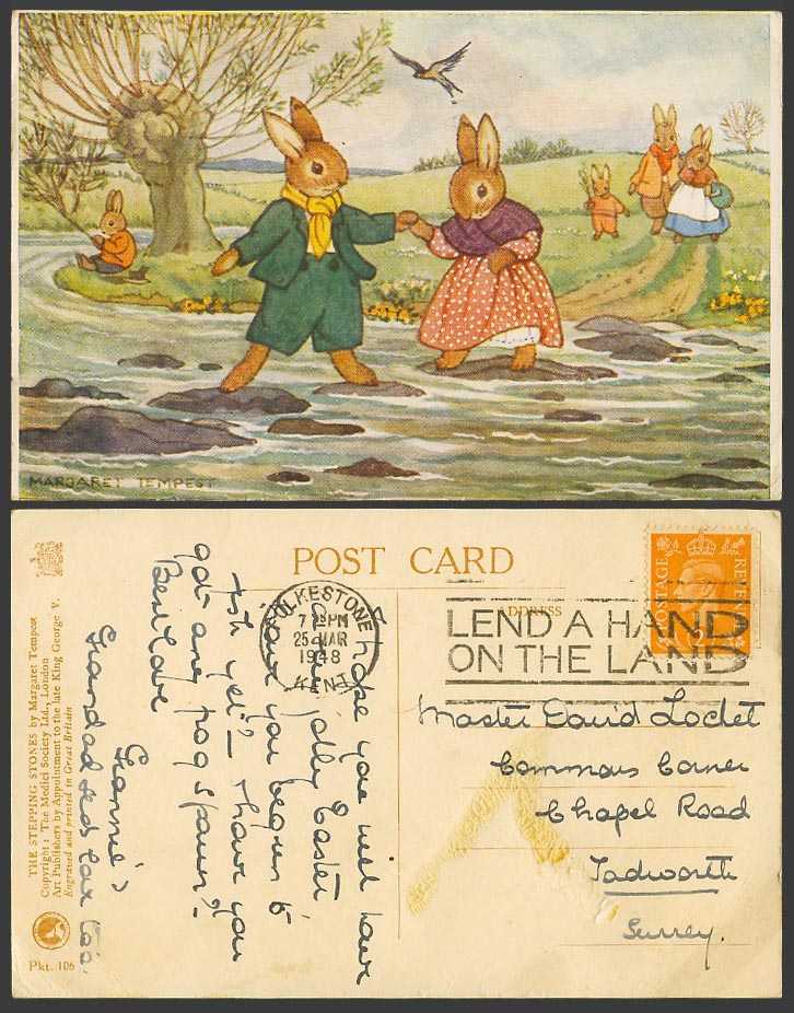 Margaret Tempest 1948 Old Postcard Rabbits on The Stepping Stones, Bunny Fishing