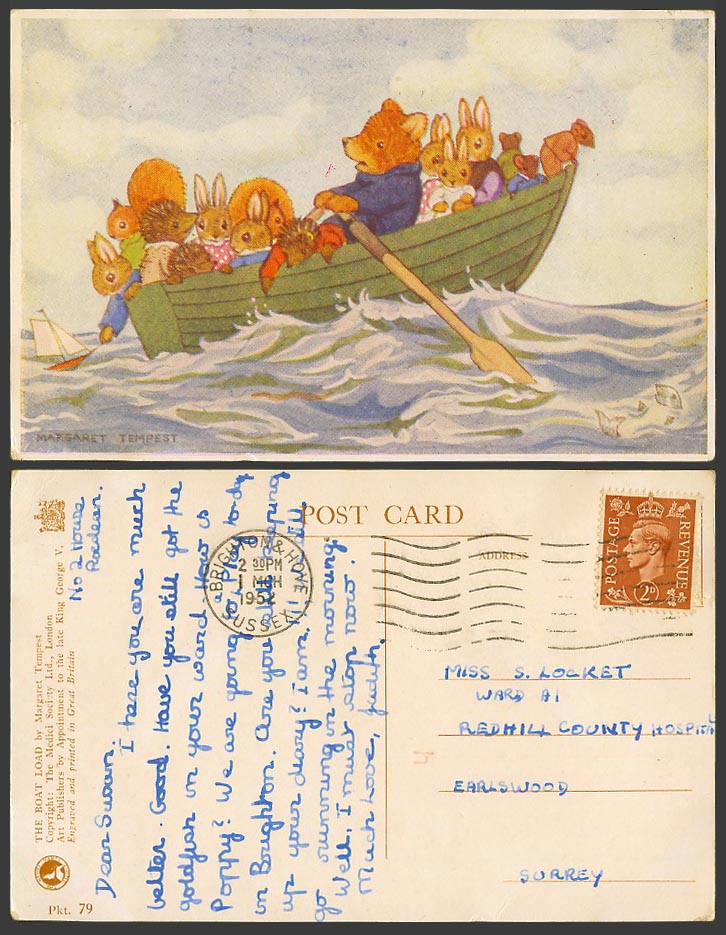 Margaret Tempest 1952 Old Postcard The Boat Lord Bear Rowing Boat Hedgehog Bunny