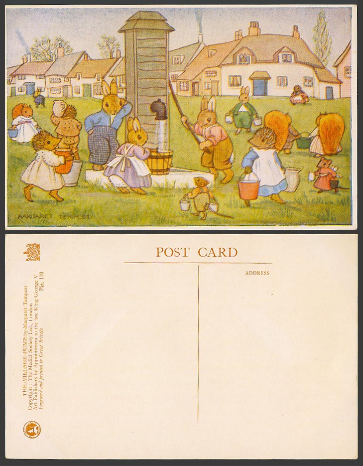Margaret Tempest Old Postcard The Village Pump, Draw Water Rabbits Mice Hedgehog