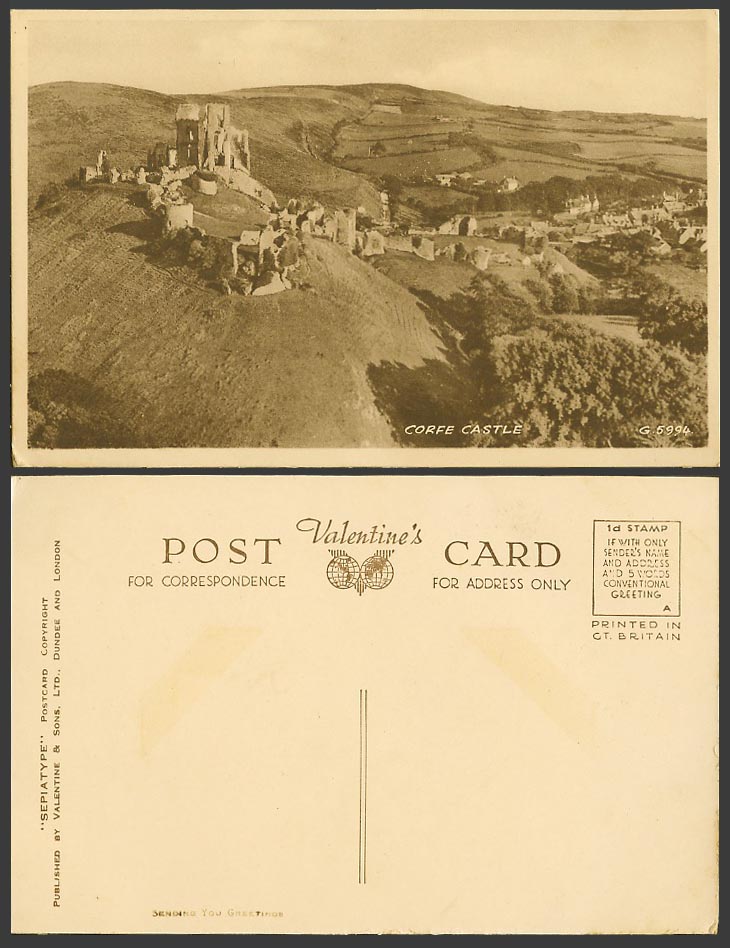 Corfe Castle Ruins on Hill Dorset Old Postcard Panorama General View Hills G5994