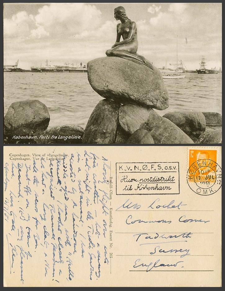 Denmark Copenhagen, Mermaid Statue, Parti fra Langelinie 1951 Old Photo Postcard