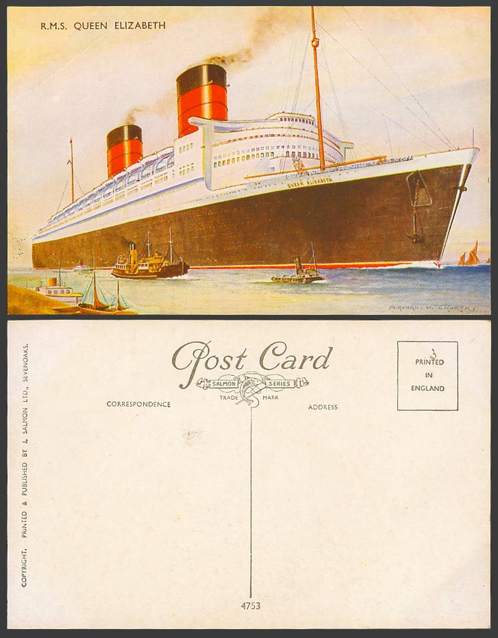 R.M.S. Queen Elizabeth Royal Mail Steamer Ship by Bernard W. Churea Old Postcard