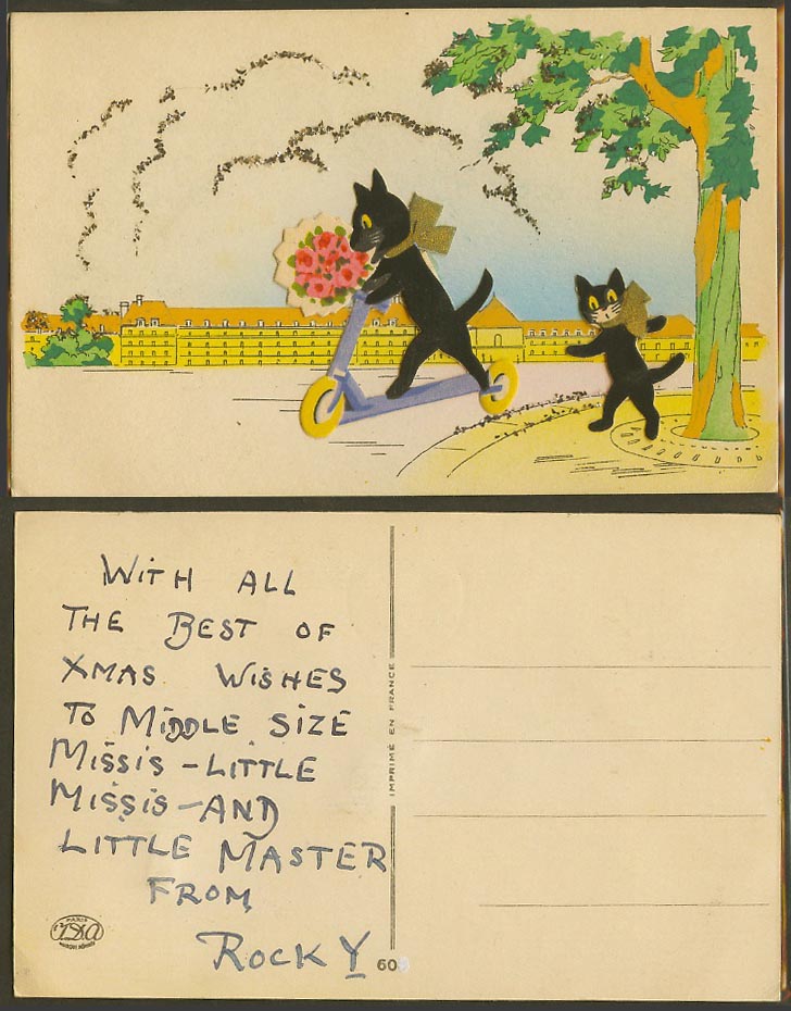Black Cats Cat on Scooter Flowers Kitten Hand Made Old Postcard Novelty Glitters