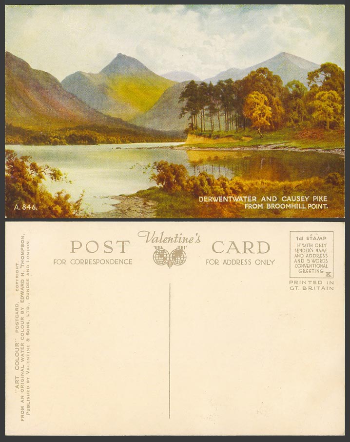 Derwentwater and Causey Pike from Broomhill Point Lake Hills Old Colour Postcard