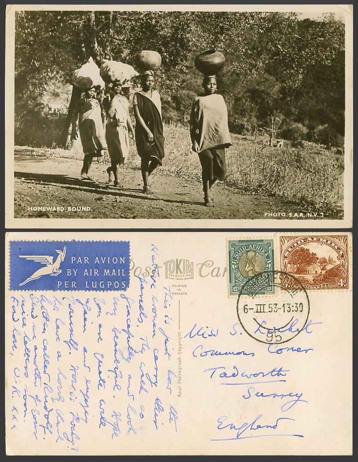 South Africa 1953 Old Real Photo Postcard Homeward Bound - Native Women Costumes