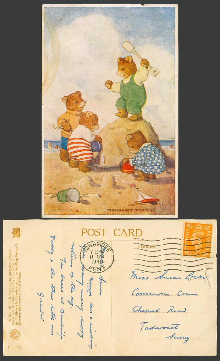 Margaret Tempest 1948 Old Postcard King of Castle, Teddy Bear Bears Beach Sands