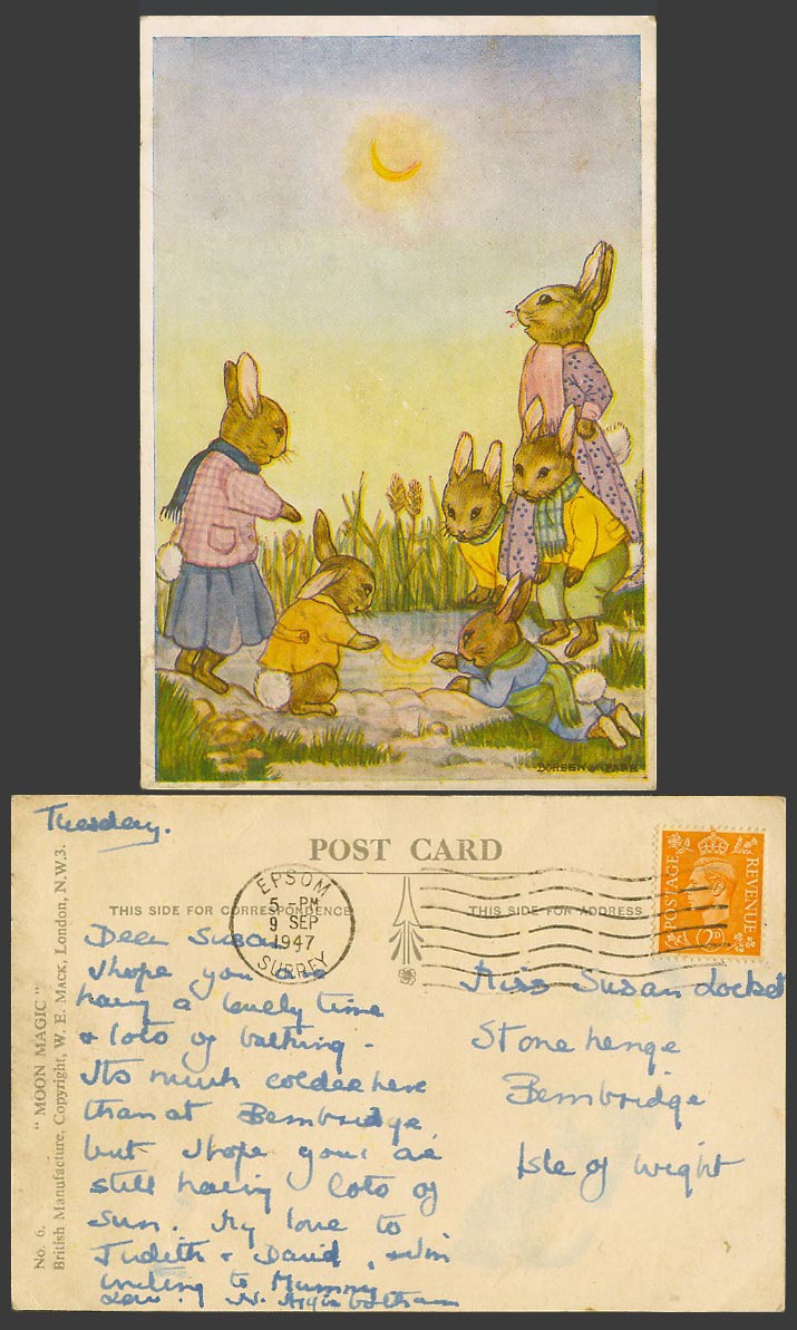 Doreen M. Parr 1947 Old Postcard New Moon Magic, Rabbits Bunnies Rabbit Bunny 6.