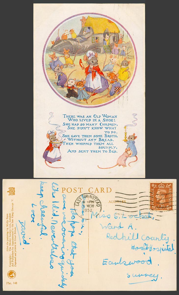 Molly Brett Artist Signed 1952 Old Postcard Shoe House Mouse Mice Rat Rats Comic