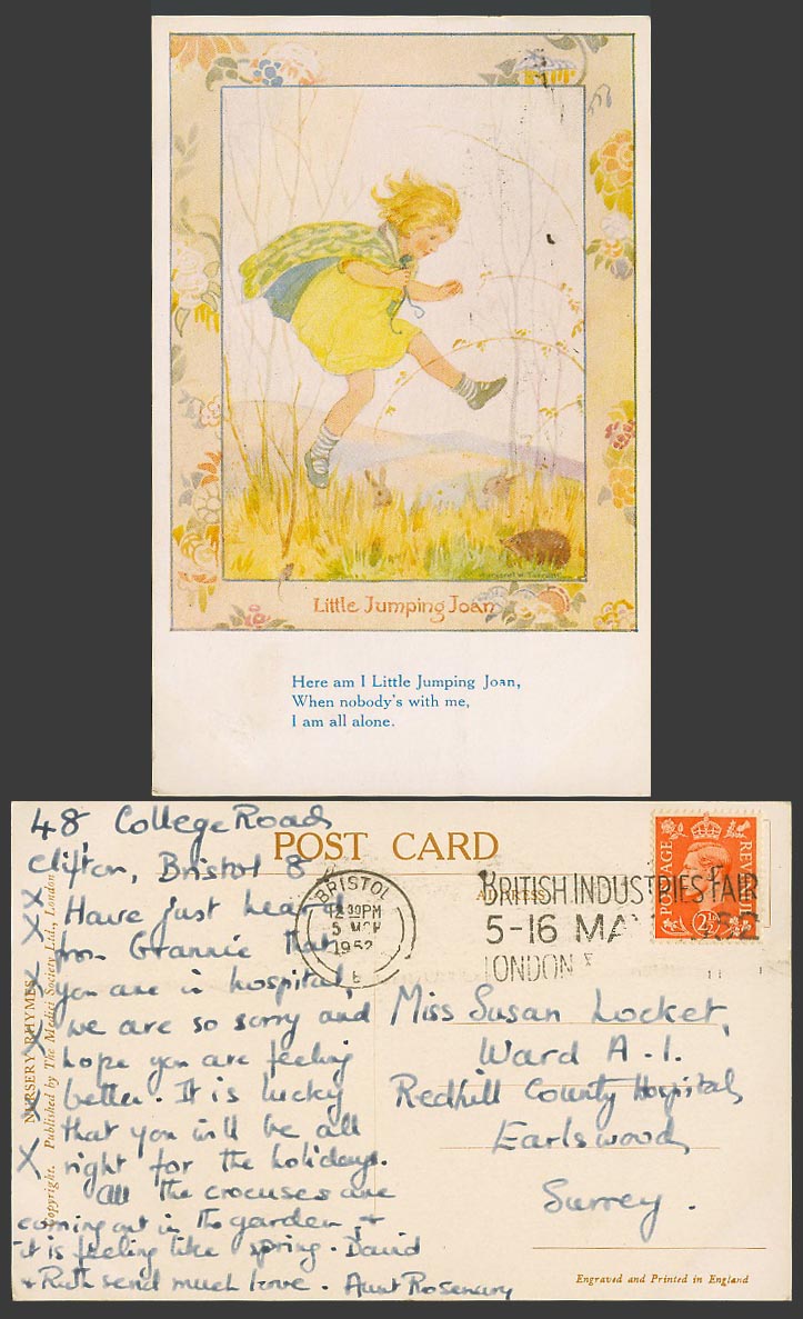 Margaret W Tarrant 1952 Old Postcard Little Jumping Joan Nursery Rhymes Hedgehog