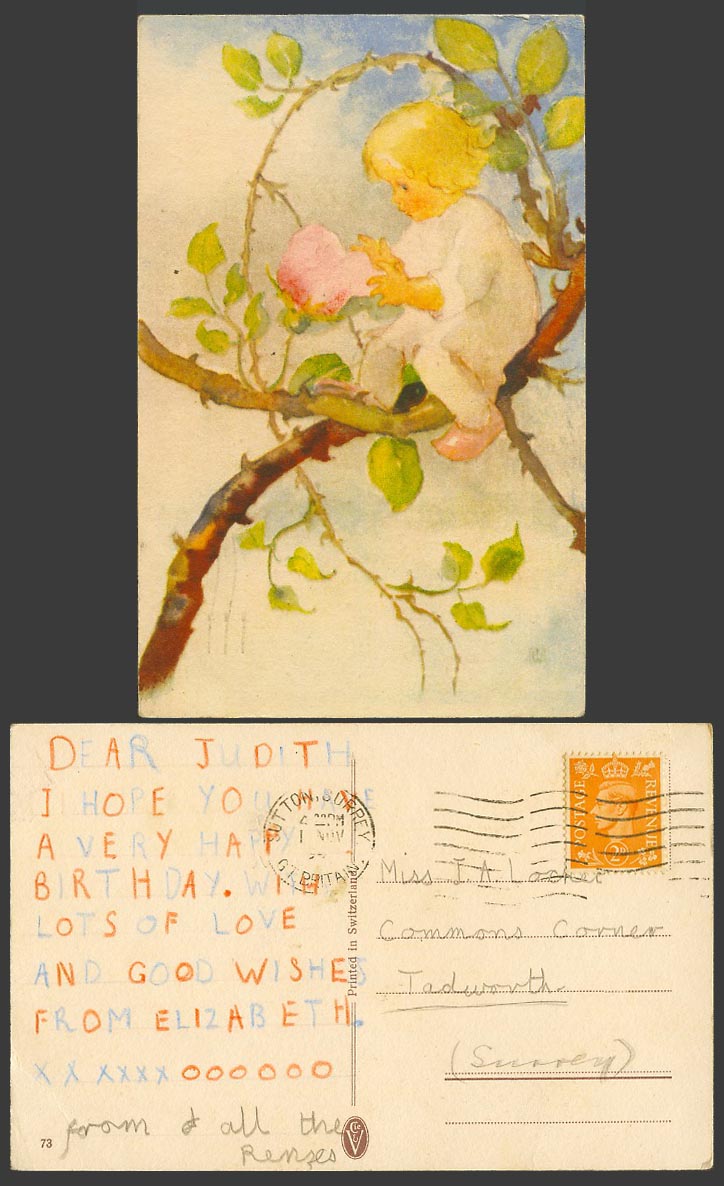 Little Baby Girl Sitting on Tree, Pink Flower, Artist Drawn KG6 2d Old Postcard