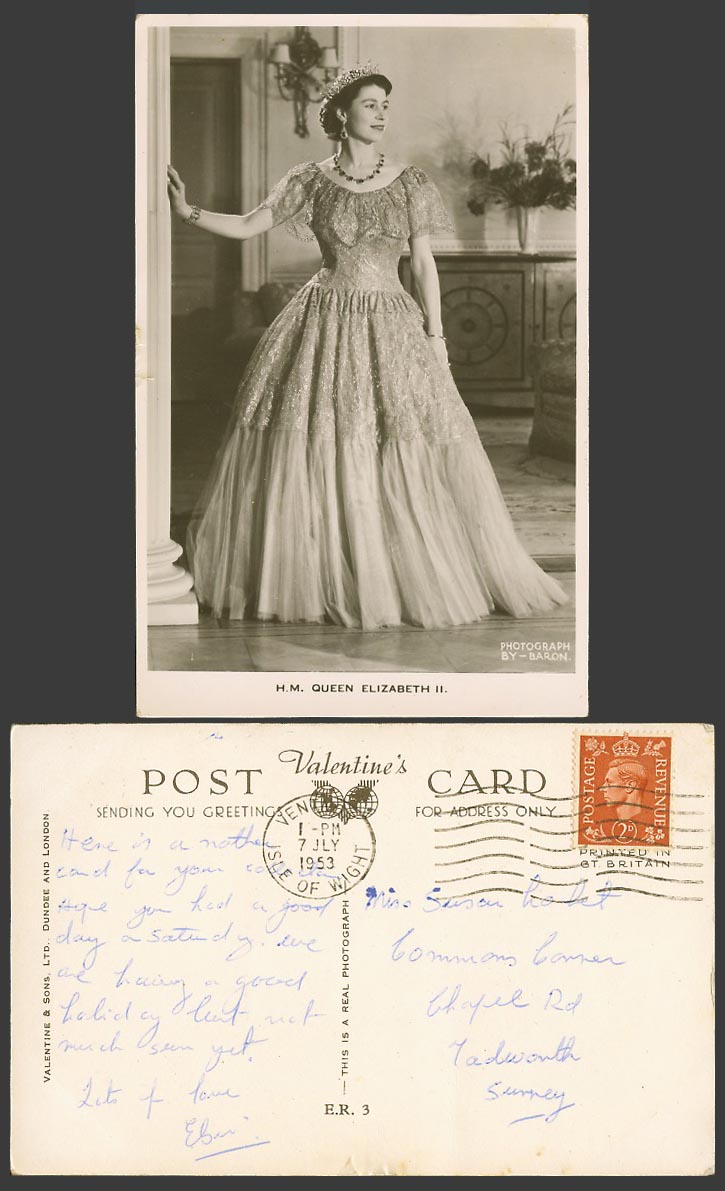 H.M. QUEEN ELIZABETH II - by Baron, British Royalty 1953 Old Real Photo Postcard