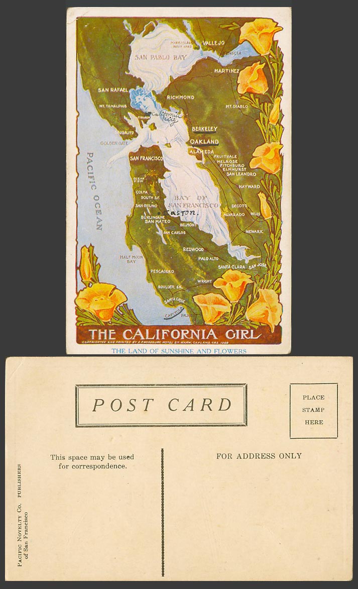 USA MAP California Girl, Land of Sunshine and Flowers San Pablo Bay Old Postcard