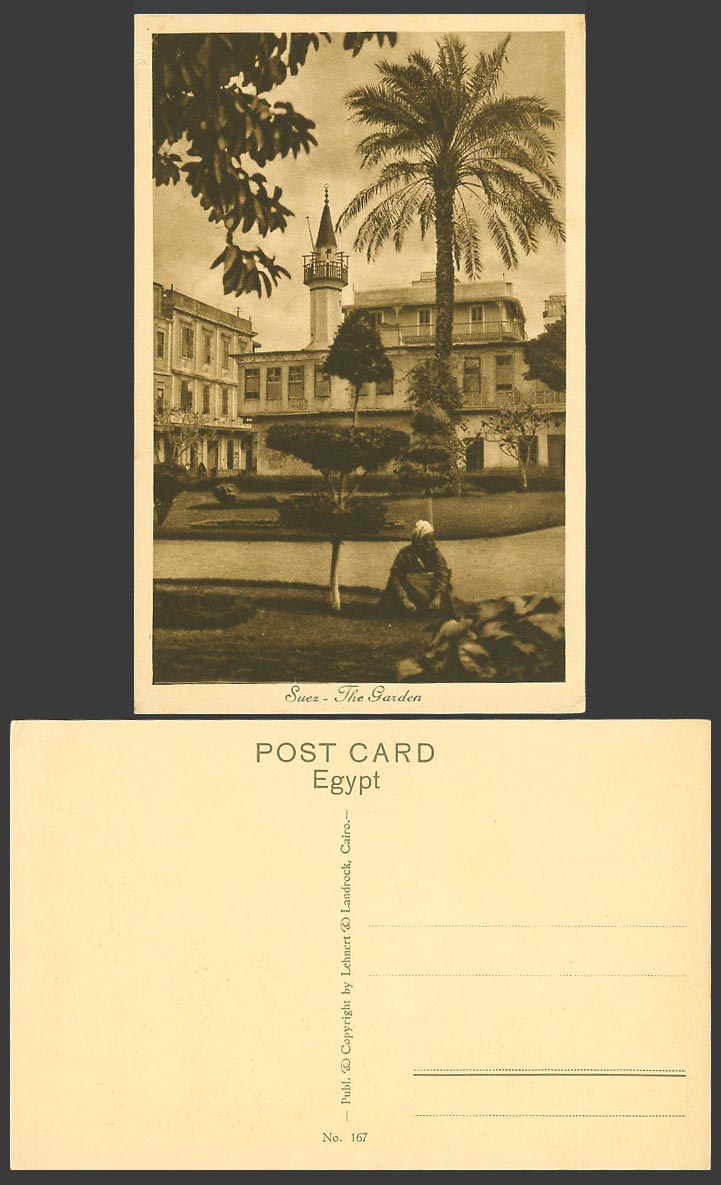 Egypt Old Postcard Suez The Garden Palm Tree Native Arab Man Mosque Tower No.167