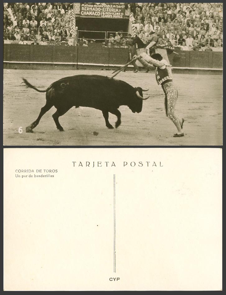 Spain Old Postcard Corrida de Toros Un par de Banderillas Bullfighter Bull CYP 6
