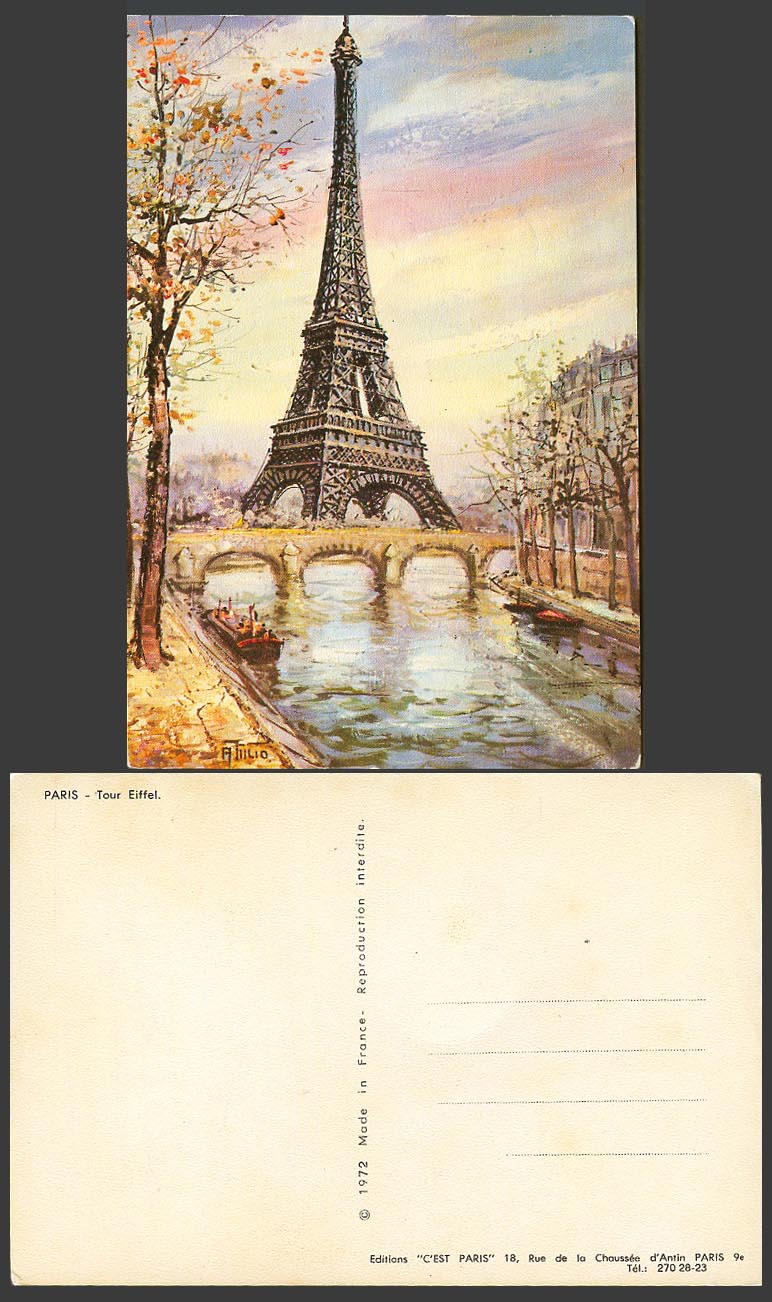 France Paris Tour Eiffel Tower Bridge River Seine Artist Signed Old ART Postcard