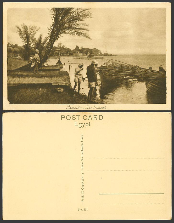 Egypt Old Postcard Ismailia, Lac Timsah Lake, Palm Trees, Boats Harbour Panorama