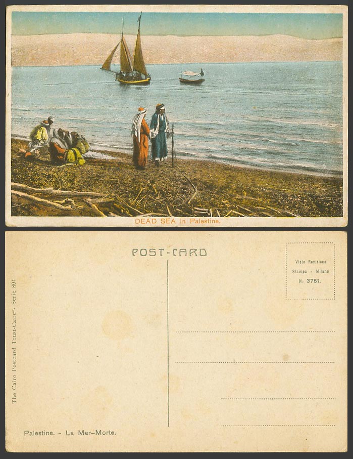 Dead Sea in Palestine, Sailing Boats, Arab Men, La Mer Morte Old Colour Postcard