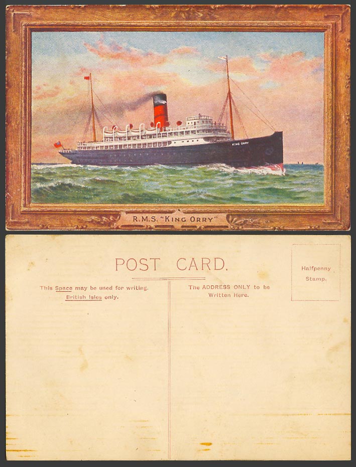 R.M.S. King Orry, Royal Mail Steamer Steam Ship Artist Drawn Old Colour Postcard
