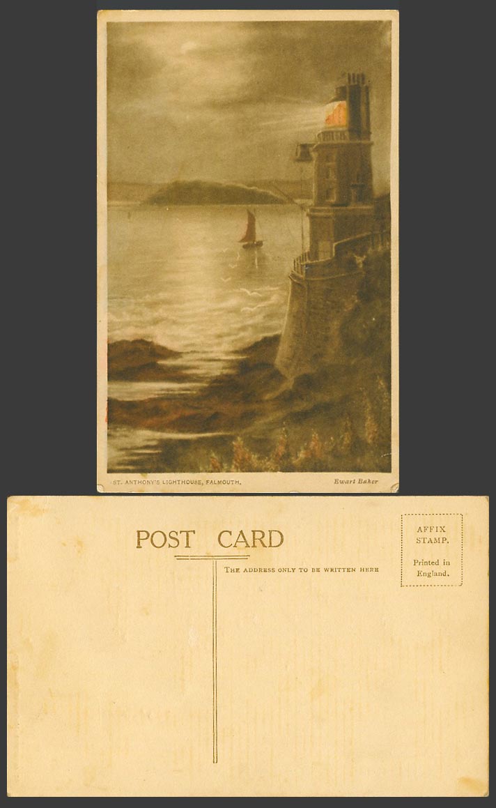 Falmouth St. Anthony's Lighthouse, Ewart Baker, Sailing Boat Old Tinted Postcard