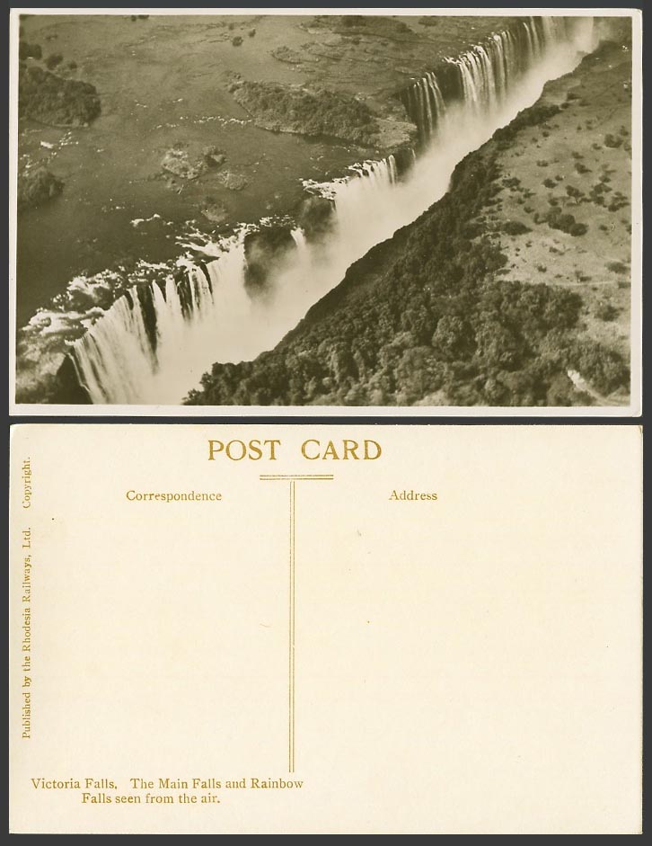 Rhodesia Old Postcard Victoria Falls Main Rainbow Falls from The Air Aerial View