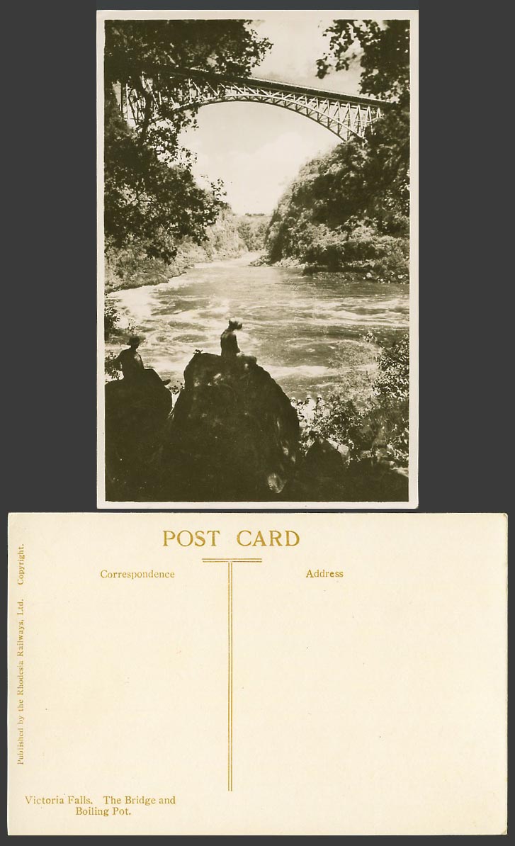 Rhodesia Old Real Photo Postcard Victoria Falls Bridge & Boiling Pot Man & Woman