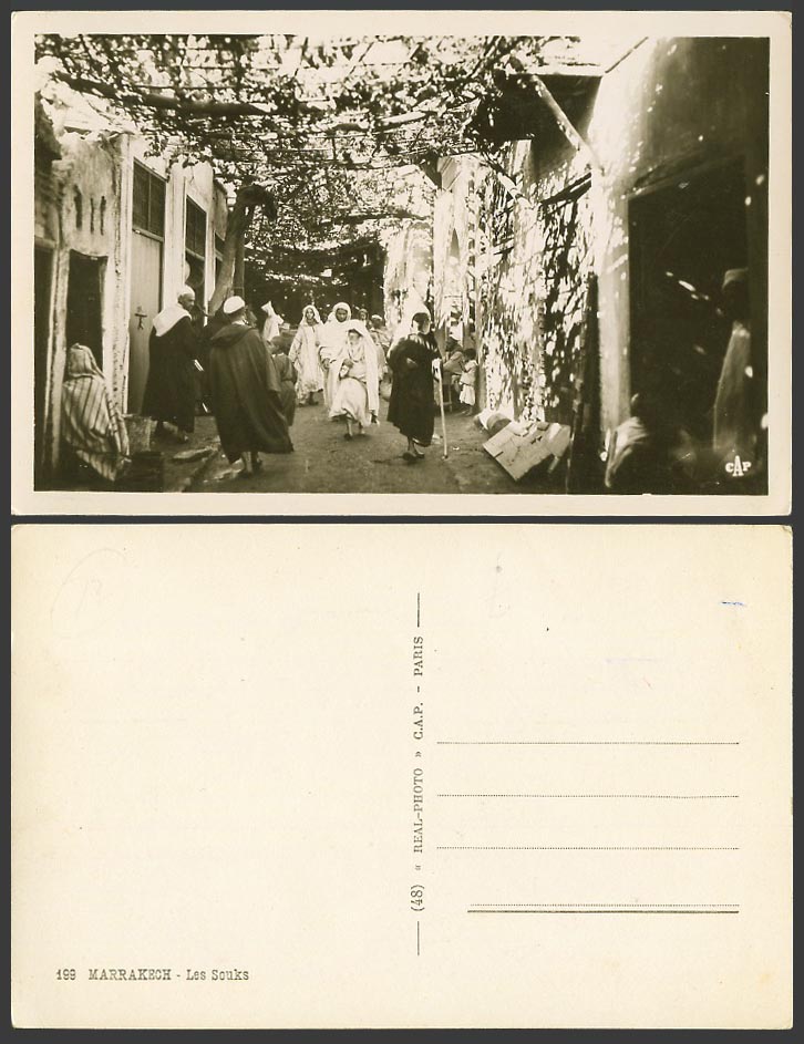 Morocco Old Real Photo Postcard Marrakech Les Souks, Market Street Scene Natives
