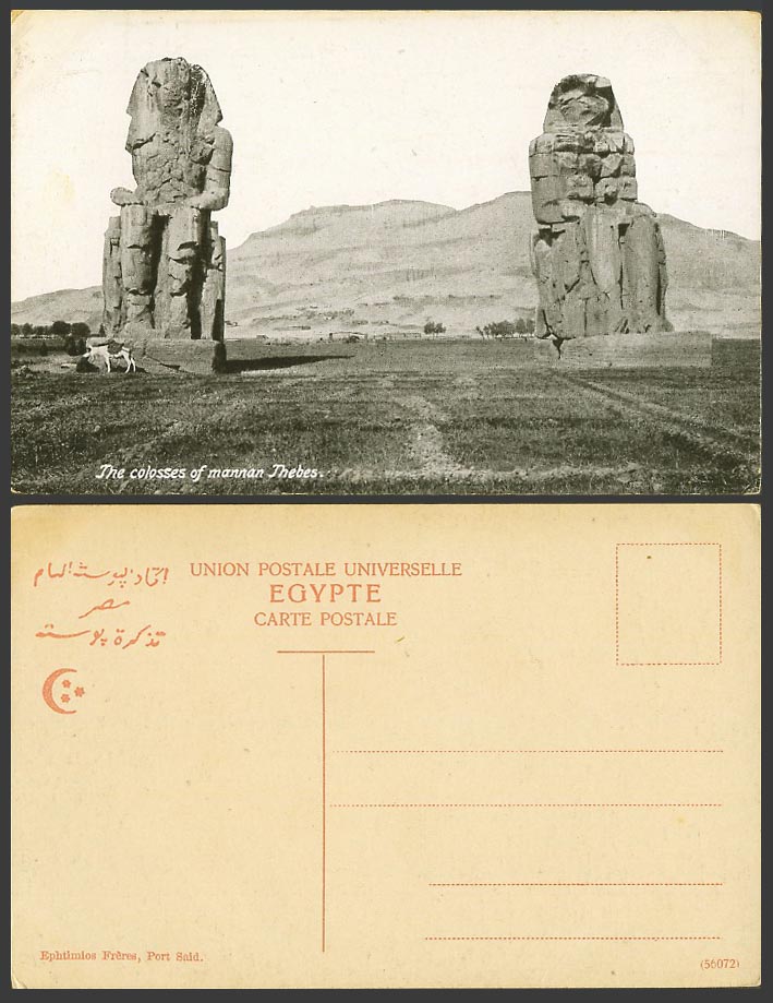 Egypt Old Postcard Thebes The Colosses of Memnon King Mannan Colossi Statue Hill