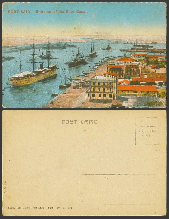Egypt Old Colour Postcard Port Said Entrance of Suez Canal, Steamers Steam Ships