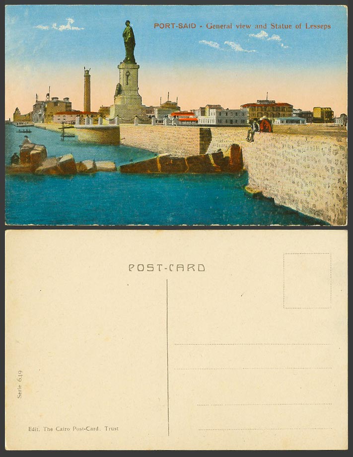 Egypt Old Postcard Port Said General View and Statue of Lesseps Lighthouse N.649