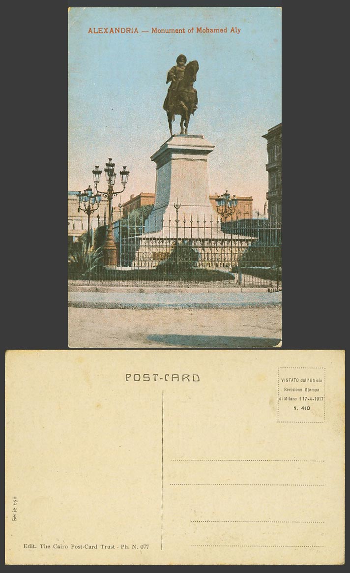 Egypt Old Colour Postcard Alexandria Monument of Mohamed Aly, Horse Rider Statue