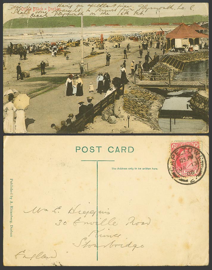 South Africa 1d 1908 Old Colour Postcard Durban Ocean Beach, Bridge Street Scene