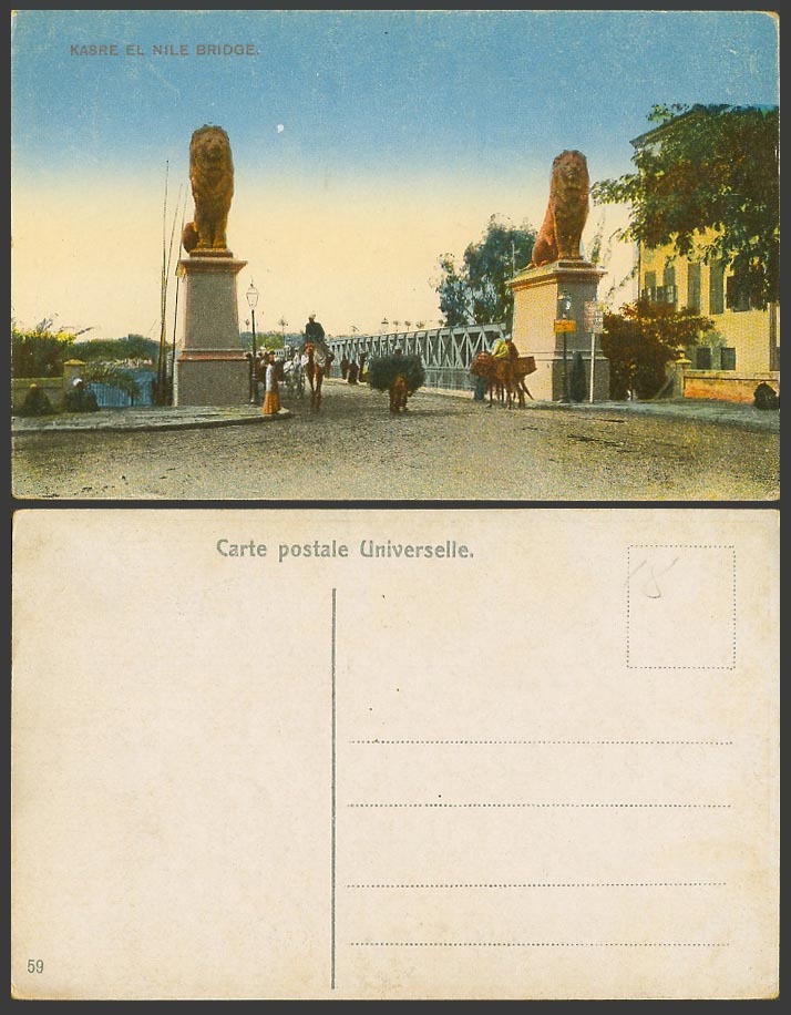 Egypt Old Colour Postcard Cairo Kasre el Nil Nile Bridge Lion Statues Camel N.59